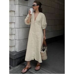 NEW Commense Linen/Cotton Button Up Puff Sleeve V-Neck/Back Coastal Maxi Dress,M